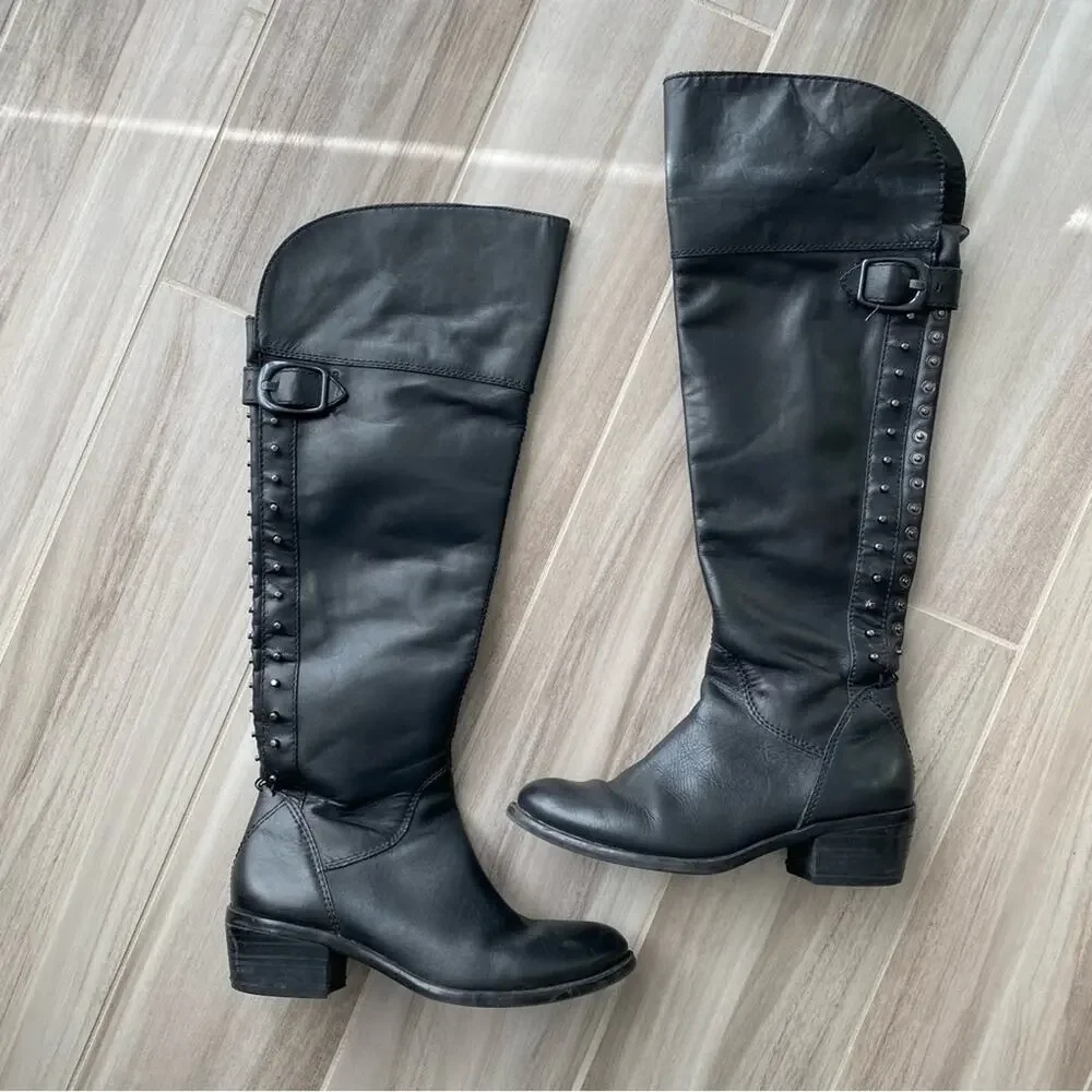 VINCE CAMUTO Womens Size 6 Studded Back Knee High Black Leather Riding Boots